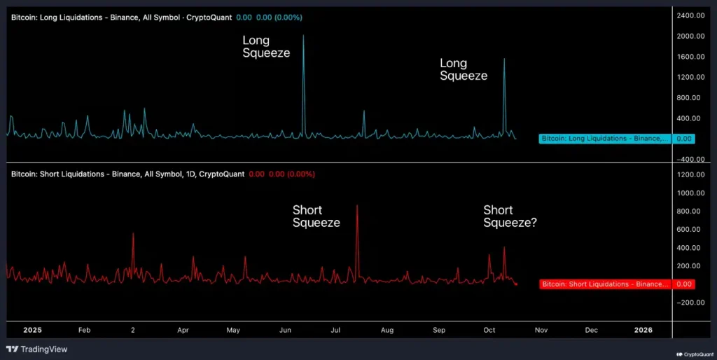 لیکوییدیشن پوزیشن‌های شورت و لانگ بیت کوین در بایننس - منبع: TradingView