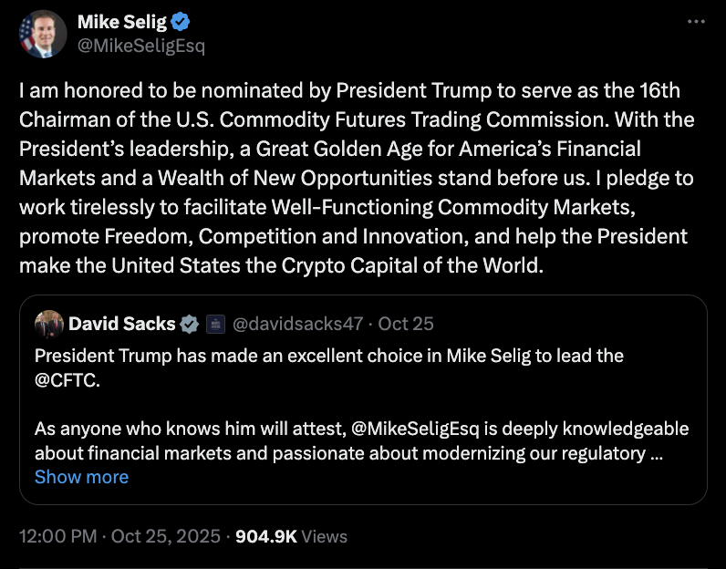 اظهارات مایکل سلیگ درباره نامزدی ریاست CFTC آمریکا - منبع: Mike Selig اظهارات مایکل سلیگ درباره نامزدی ریاست CFTC آمریکا - منبع: Mike Selig