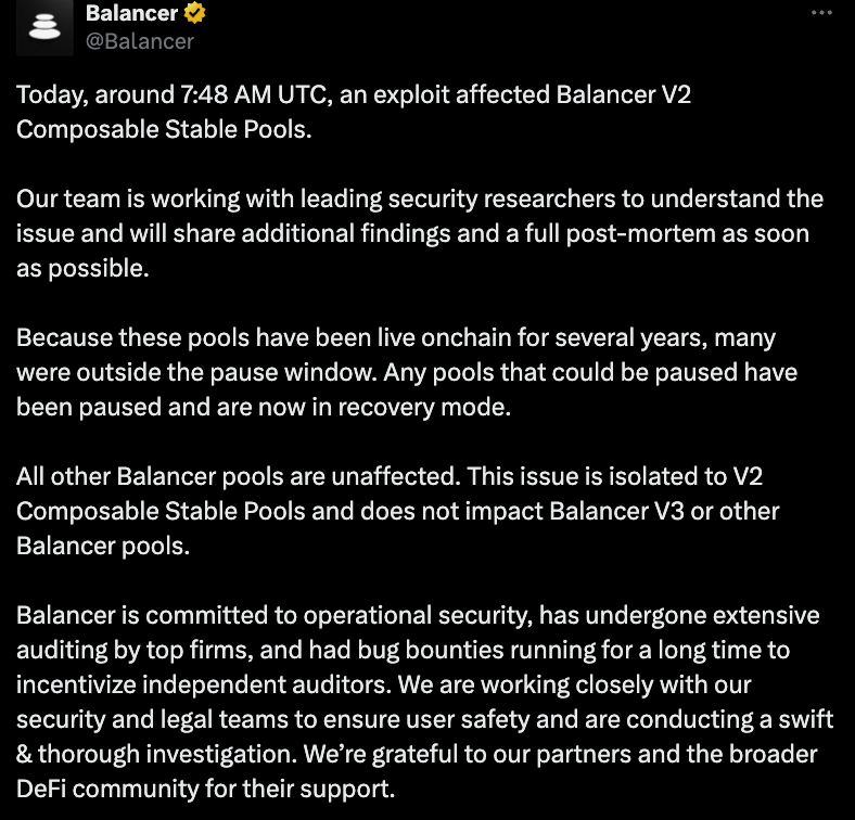 اظهارات حساب رسمی بالانسر درباره هک اخیر - منبع: Balancer اظهارات حساب رسمی بالانسر درباره هک اخیر - منبع: Balancer