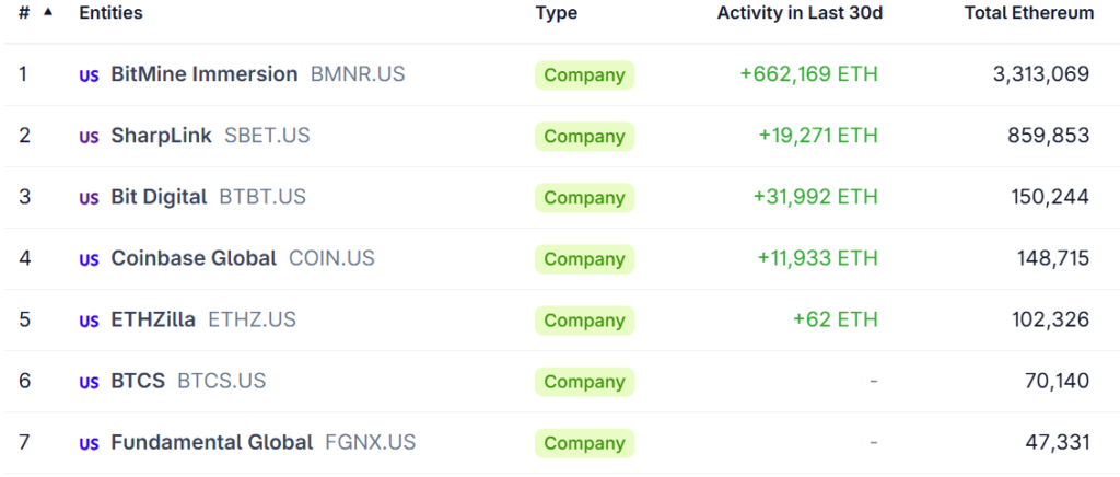 رتبهبندی خزانهداریهای اتریوم بر اساس میزان هولدینگ - منبع: CoinGecko رتبهبندی خزانهداریهای اتریوم بر اساس میزان هولدینگ - منبع: CoinGecko