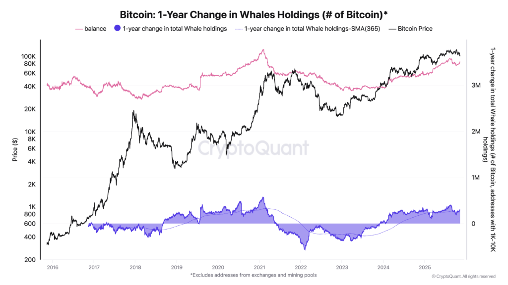 تغییرات عرضه نهنگ‌ها در یک سال اخیر - منبع: CryptoQuant