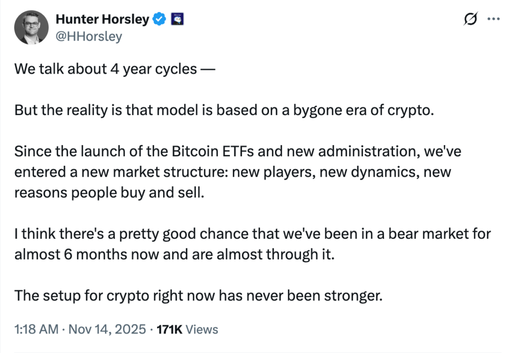 اظهارات هانتر هورسلی درباره تغییر ساختار بازار کریپتو - منبع: Hunter Horsley اظهارات هانتر هورسلی درباره تغییر ساختار بازار کریپتو - منبع: Hunter Horsley