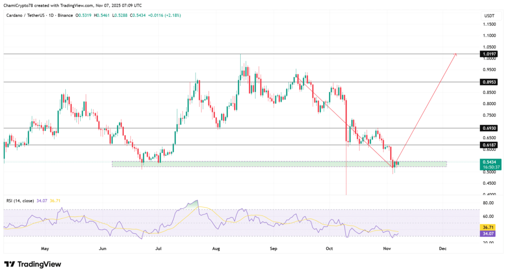 نمودار روزانه قیمت و روند شاخص RSI کاردانو - منبع: TradingView نمودار روزانه قیمت و روند شاخص RSI کاردانو - منبع: TradingView