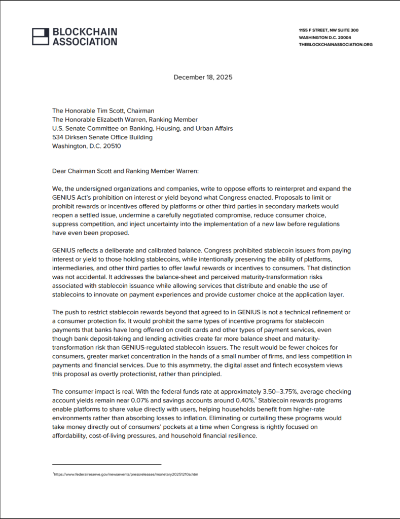 مخالفت انجمن بلاکچین با ممنوعیت ارائه پاداش به هولدرهای استیبل کوینها - منبع: The Blockchain Association مخالفت انجمن بلاکچین با ممنوعیت ارائه پاداش به هولدرهای استیبل کوینها - منبع: The Blockchain Association