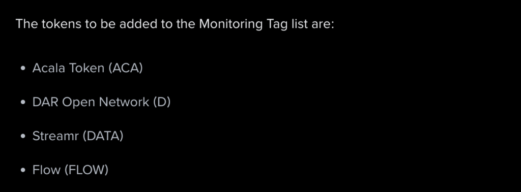 توکنهایی که در صرافی بایننس برچسب نظارتی دریافت خواهند کرد - منبع: Binance توکنهایی که در صرافی بایننس برچسب نظارتی دریافت خواهند کرد - منبع: Binance
