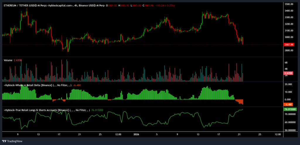 مقایسه قیمت اتریوم با اختلاف رفتار نهنگها و معاملهگران خرد و سهم موقعیتهای لانگ واقعی خردهفروشان مقایسه قیمت اتریوم با اختلاف رفتار نهنگها و معاملهگران خرد و سهم موقعیتهای لانگ واقعی خردهفروشان