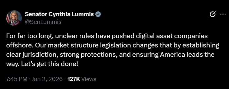 توییت سناتور سینتیا لومیس درباره اثر قوانین نامشخص بر خروج شرکتهای کریپتو از آمریکا همراستایی توییت سناتور سینتیا لومیس با جان دیآگوستینو، رئیس استراتژی بخش نهادی کوین بیس