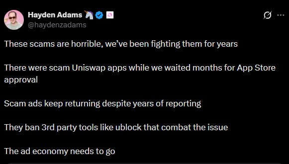 هشدار هایدن آدامز درمورد لینکهای فیشینگ با سوءاستفاده از نام یونی سوپ