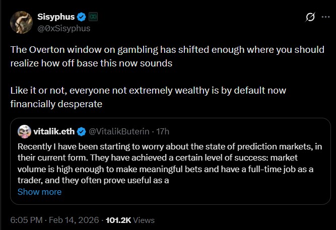 توییت یکی از کاربران شبکه اجتماعی ایکس در پاسخ به انتقادهای بوترین به بازارهای پیشبینی