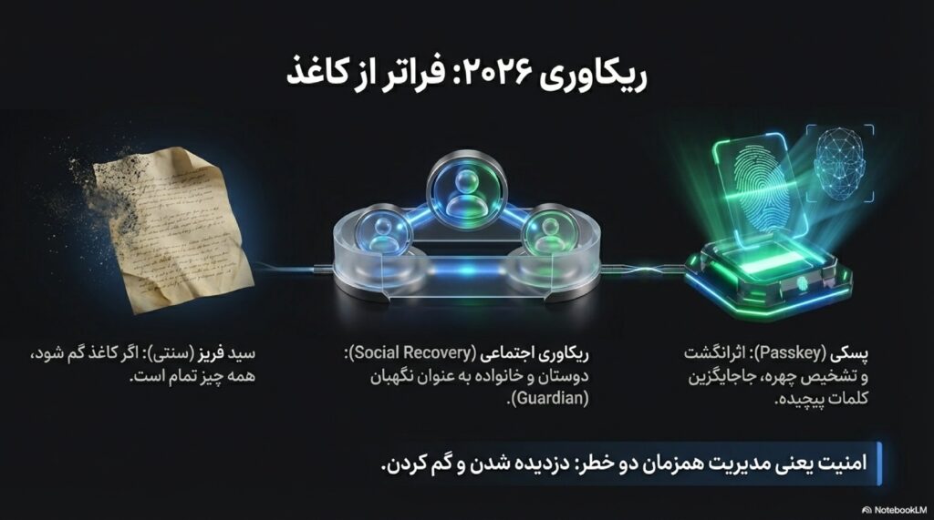 فصل هشتم: ریکاوری در ۲۰۲۶، از کاغذی ۲۴ کلمه‌ای تا بازیابی اجتماعی و پسکی (Passkey)