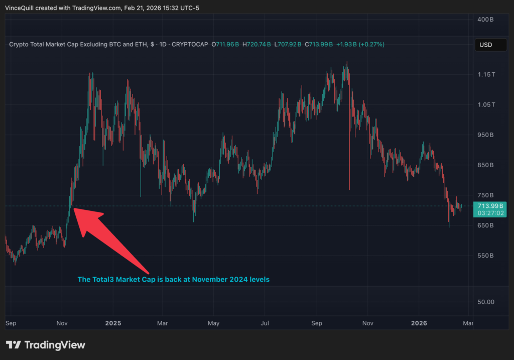 ارزش بازار Total3 بین سپتامبر ۲۰۲۴ تا فوریه ۲۰۲۶ (منبع: TradingView) ارزش بازار Total3 بین سپتامبر ۲۰۲۴ تا فوریه ۲۰۲۶ (منبع: TradingView)