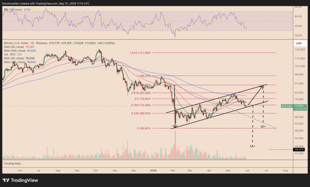 نمودار روزانه BTC/USD. منبع: تریدینگویو (TradingView) نمودار روزانه BTC/USD. منبع: تریدینگویو (TradingView)