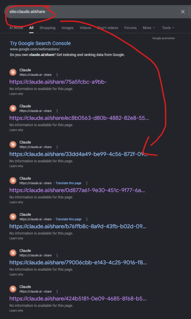 گفتگوهای اشتراکی Claude در نتایج گوگل - منبع: Reddit