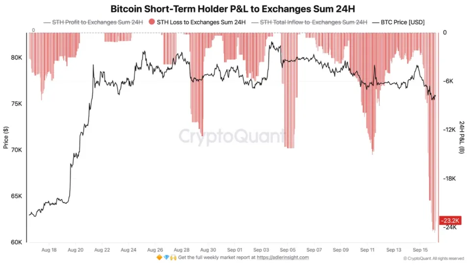 ضرر ۲۴ ساعته هولدرهای کوتاهمدت بیت کوین - منبع: CryptoQuant