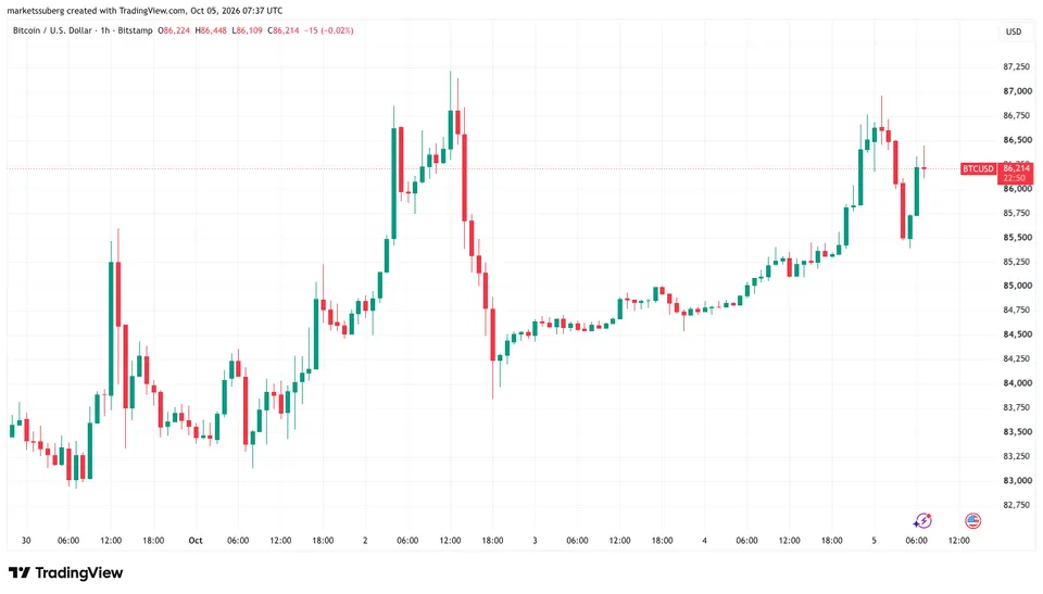 نمودار بیت کوین تایمفریم ۱ ساعته - منبع: TradingView